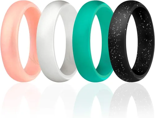ROQ - Anillo de boda de silicona para mujeres, alianzas de boda de goma asequibles, con purpurina y metálicos, oro rosa, plata, negro, azul