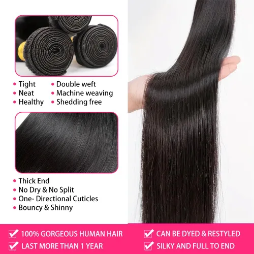 Miniatura 3 de Extensiones de cabello humano lacio 10A, 26, 28, 30 pulgadas, 3 manojos de cabello lacio 100% sin procesar, brasileño, largo, virgen, color negro