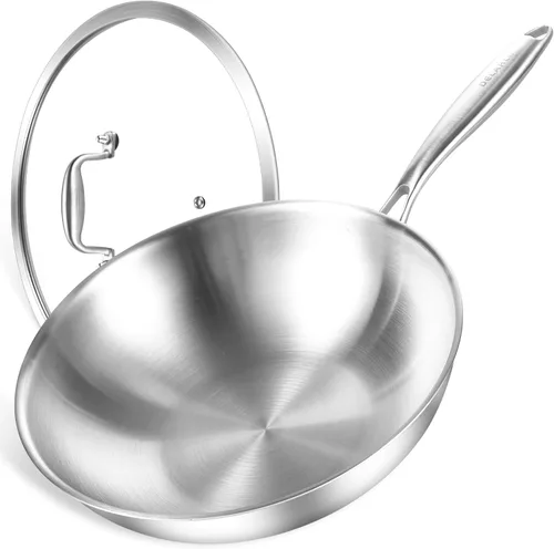 DELARLO Woks y sartenes para saltear, sartén de acero inoxidable de 13 pulgadas con tapa, superficie de cocción grande, sartén wok de acero