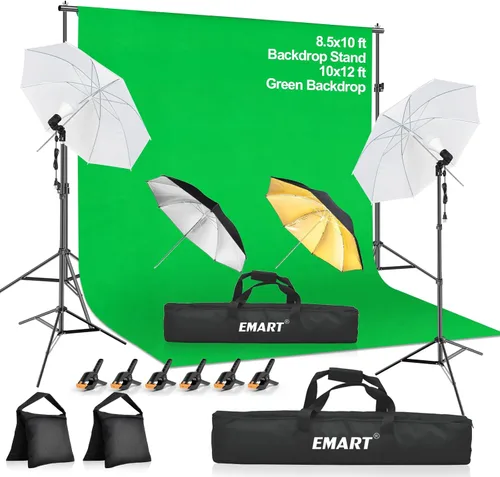 Miniatura 10 de EMART Kit de fondo de pantalla verde de 8.5 x 10 pies, paraguas de fotografía con bombillas de 5500 K, fondo verde de 6 x 9 pies con abrazaderas