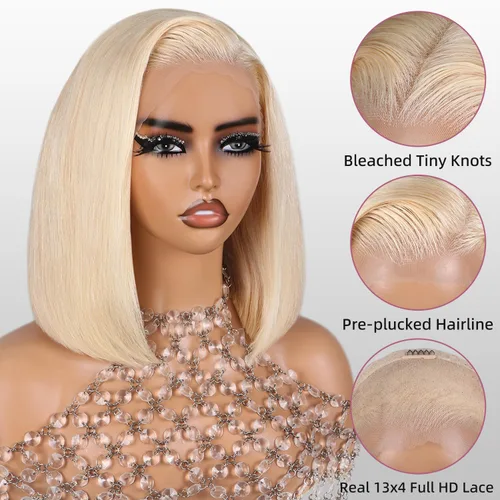 Miniatura 3 de Peluca de cabello humano rubio 613 con encaje frontal, peluca de cabello humano de 13 x 4 con encaje frontal, peluca Bob prearrancada con cabello