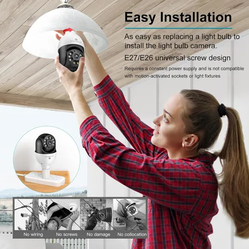 Miniatura 2 de SYMYNELEC Bombilla de luz para cámara de seguridad al aire libre impermeable 2.5K, enchufe de luz WiFi inalámbrico de 2.4GHz con detección