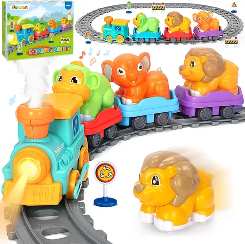 Juego de tren eléctrico para niños pequeños, juguetes realistas de tren de vapor para niños con vías, juguetes de animales para niños pequeños de 1
