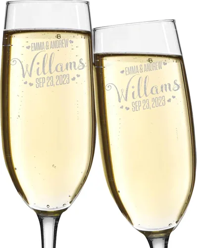 Miniatura 6 de Juego de 2, copas de champán personalizadas para boda, 8 onzas, grabado personalizado con nombres y fecha, flautas de brindis para novia, novio