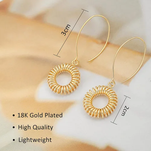 Miniatura 3 de Aretes colgantes largos de oro con forma de bola de simicírculo para mujer, ligeros, circular, moneda, geométricos, planos, cepillados, chapados