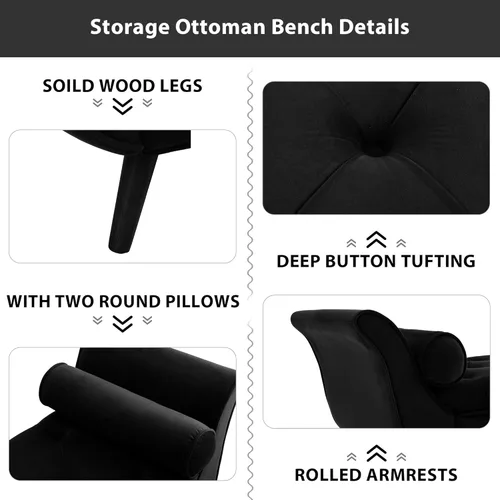 Miniatura 2 de Banco de almacenamiento de terciopelo para dormitorio, extremo de la cama con 2 almohadas, banco otomano tapizado con botones copetudos, reposapiés