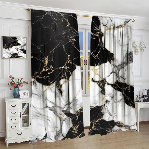 Miniatura 4 de Cortinas de mármol para dormitorio, arte abstracto moderno de lujo, textura de mármol blanco y negro, tratamiento de ventana para sala de estar