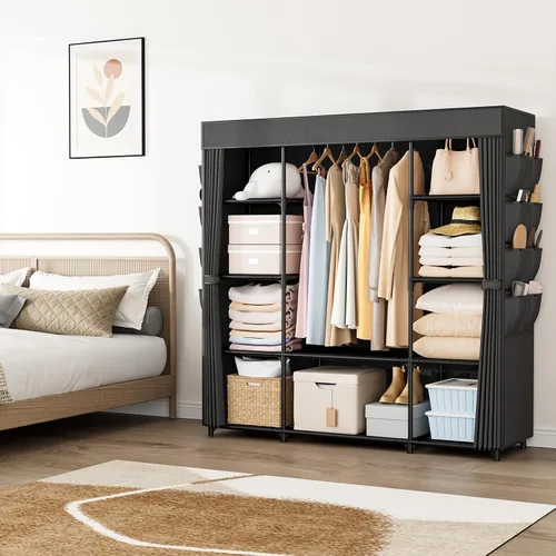 Miniatura 8 de Armario portátil para colgar ropa de 57.3 pulgadas, armario de gran capacidad con tapa, 8 bolsillos y 1 barra para colgar, organizador de armario