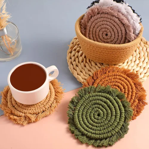 Miniatura 5 de Juego de 6 posavasos de algodón tejido bohemio absorbente con soporte para casa de campo, borla de macramé, regalo de inauguración de la casa