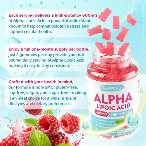 Miniatura 4 de MEENCCD Gomitas de ácido alfa lipoico de 600 mg - Suplemento ALA para apoyo antioxidante, vegano, sin azúcar, sabor frambuesa, 60