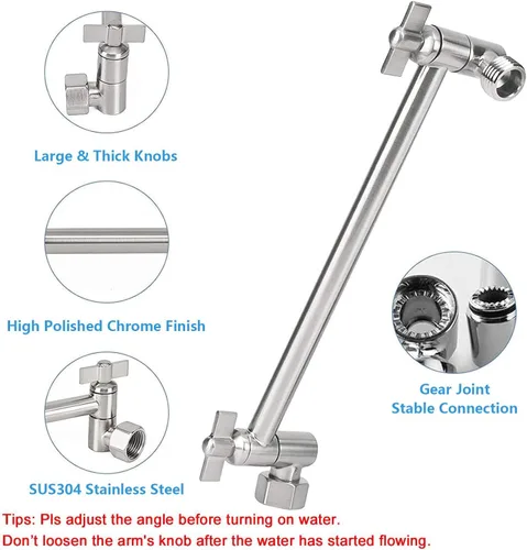 Miniatura 2 de NearMoon Cabezal de ducha de lluvia con brazo de extensión ajustable de 11 pulgadas, cabezal cuadrado grande de acero inoxidable de alto flujo