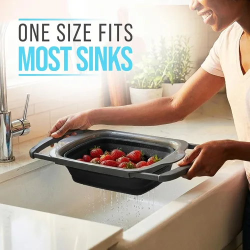 Miniatura 6 de Comfify Colador sobre el fregadero con asas, elegante colador de cocina de plástico negro para pasta, verduras y frutas, diseño que ahorra espacio