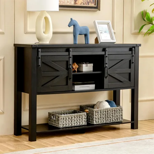 GAZHOME Mesa de entrada con puertas correderas de granero, mesa consola de granja de 46 pulgadas con almacenamiento, mesa de sofá rústica con 2-Negro