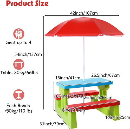 Miniatura 3 de KOTEK Juego de mesa de picnic para niños, mesa y banco para niños al aire libre con paraguas extraíble, muebles de plástico para niños, mesas
