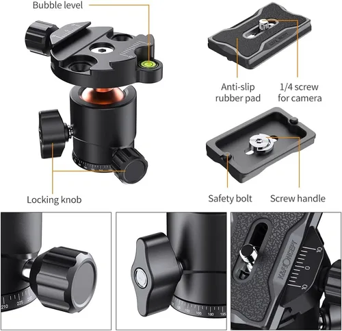 Miniatura 6 de K&F Concept Cabezal de bola de trípode de metal de 0.984 in, rotación de 360 grados, panorámica con placa de liberación rápida de 1/4 de pulgada