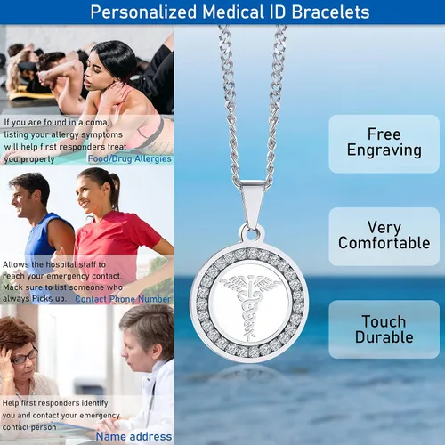Miniatura 104 de VNOX Collar con colgante personalizado de acero inoxidable con grabado personalizado para identificación de alerta médica de emergencia para hombres