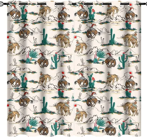 Miniatura 12 de Cortinas opacas retro de vaquero occidental para dormitorio, estilo rústico, cactus, salvaje oeste, vaquero, paseo, caballo, con ojales, aislamiento