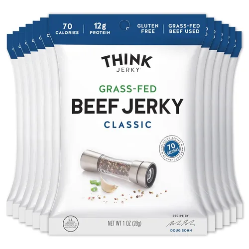 Carne seca sabor chipotle dulce de Think Jerky. Deliciosa carne seca hecha por un chef. Carne de res alimentada con pasto, sin gluten, antibióticos