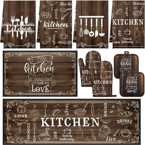 Miniatura 20 de Fourluoo Juego de 10 piezas de decoración de cocina con lazo rosa, 4 paños de cocina a cuadros rosados, 2 soportes para ollas, 2 guantes de horno, 2