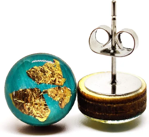 Miniatura 2 de Gold Flakes 10mm Stud Earrings, Handmade, Posts for Sensitive Ears (Turquoise with Gold Flakes)