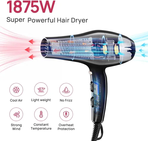 Miniatura 2 de CONFU Secador de pelo, secador de pelo profesional iónico con difusor para mujeres y hombres, secado rápido 5X, potente y silencioso para un peinado