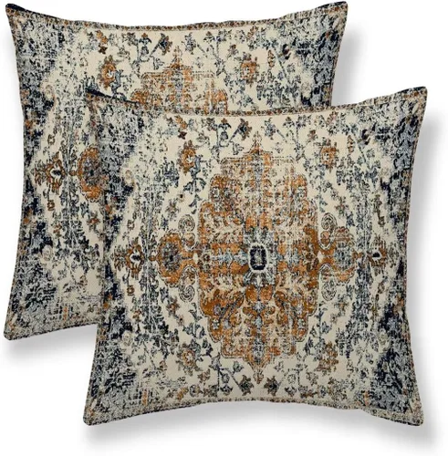 Miniatura 43 de Juego de 2 fundas de almohada bohemias de 16 x 16 pulgadas, color negro y marrón, fundas de almohada con patrón de alfombra étnica rústica, fundas