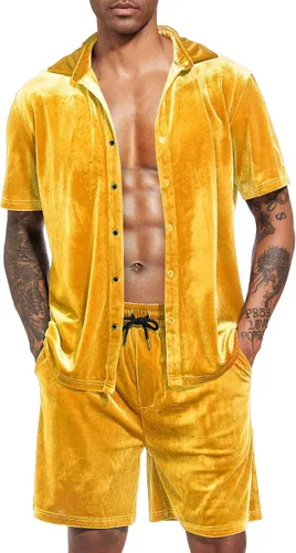 Miniatura 42 de LecGee Conjunto de pantalones cortos casuales de verano para hombre, camisa de terciopelo de manga corta con botones, pantalones cortos de cintura