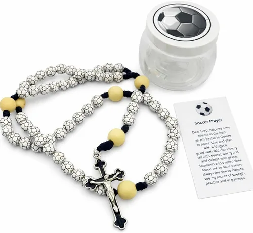 Miniatura 3 de Westmon Works Juego de cuentas de bola deportiva con rosario de fútbol con estuche protector y tarjeta de oración, collar católico con crucifijo