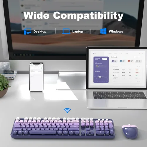 Miniatura 84 de KNOWSQT Combo de teclado y ratón inalámbrico, teclados lindos de tamaño completo estilo máquina de escribir 2.4G azul colorido - receptor USB Plug