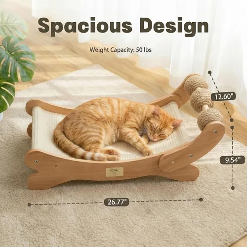 Miniatura 7 de Sisal - Cama rascador para gatos con 3 bolas de juguete para gatos de interior, hamaca 3 en 1 de madera duradera y almohadilla para rascar - muebles