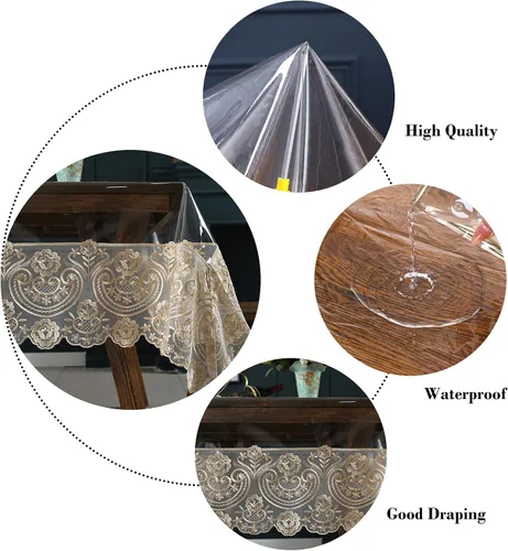 Miniatura 5 de Mantel rectangular de plástico transparente de vinilo impermeable, borde de encaje bordado, mantel transparente para comedor, cocina al aire libre