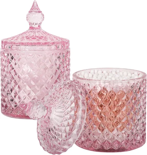 Miniatura 22 de Paquete de 2 Portacotonetes Frascos de Boticario de Vidrio Grueso con Tapa para Decoración de Baño Organizador de Almacenamiento para Hisopos