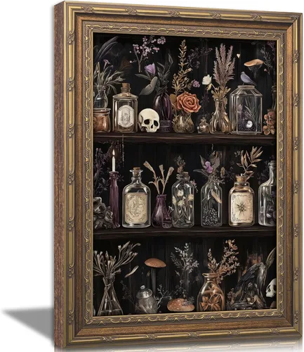 Vintage Gold Framed Gothic Wall Art, Apothecary Witchy Canvas Print, Dark Academia Potion Bottle Skull Floral Wall Decor, Antique Spooky Witchcore