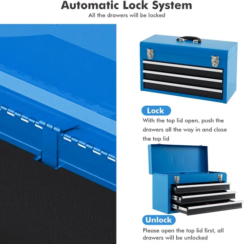 Miniatura 3 de Goplus - Caja de herramientas con 3 cajones, organizador de 4 niveles de 52 cm, caja de herramientas portátil con bandeja superior, cerradura Azul
