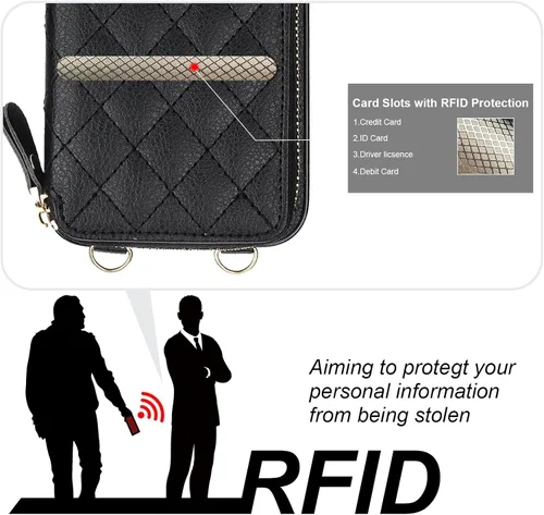 Miniatura 3 de Bocasal Funda tipo cartera cruzada para iPhone 15 Pro Max, con bloqueo RFID, de piel sintética, con cremallera, funda tipo cartera con función atril