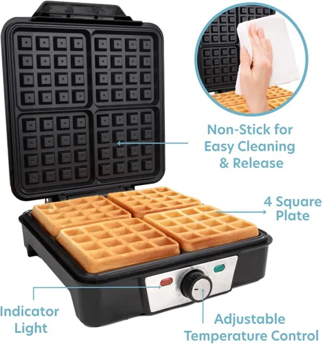 Miniatura 2 de CucinaPro Máquina para hacer gofres belgas de cuatro cuadrados, aparato de cocina extra grande de acero inoxidable con placas de hierro
