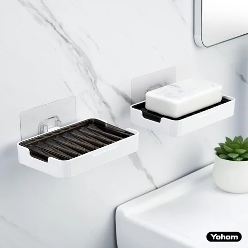 Miniatura 7 de YOHOM Jabonera adhesiva para colgar en la pared de la ducha con bandeja de drenaje, soporte de jabón para fregadero de baño, 2 unidades Negro
