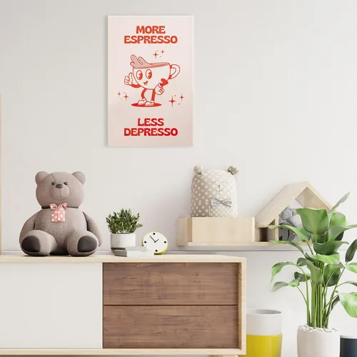 Miniatura 5 de Póster retro con texto en inglés «More Espresso Less Depresso», bonita taza de café de dibujos animados, citas rojas, arte de pared, divertido