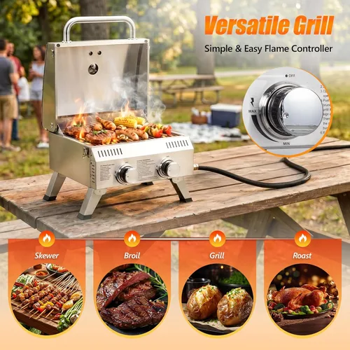Miniatura 5 de ROVSUN Parrilla de gas portátil de 2 quemadores, 20000 BTU para exteriores, parrilla de propano con encendido, termómetro integrado y cuerpo