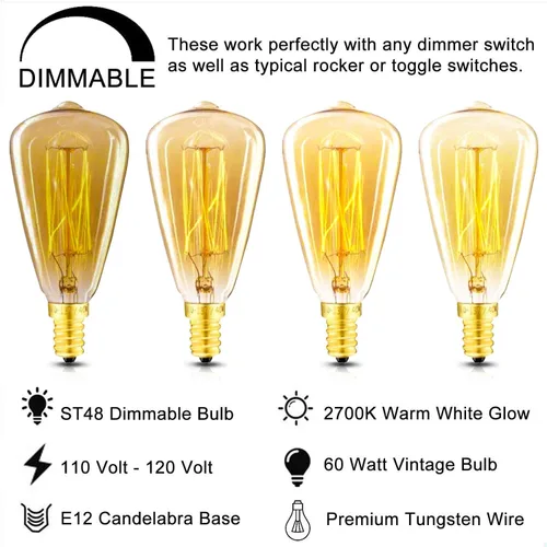 Miniatura 3 de New orange heart Bombillas Edison vintage, bombillas de candelabro E12, bombilla incandescente regulable de 60 W, 110-130 V, ámbar cálido, bombilla