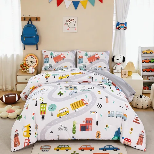 Miniatura 9 de ZRNBAST Juego de ropa de cama individual para niños y niños, beige, con diseño de coches de dibujos animados, excavadora, tractor, juego de edredón