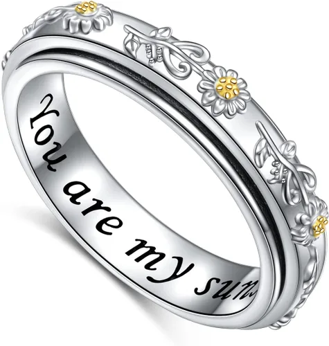 Anillo giratorio de plata de ley con diseño de margarita/girasol, con texto en inglés "You Are My Sunshine Flower", anillo para aliviar el estrés