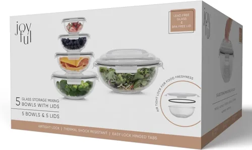 Miniatura 8 de JoyJolt Tazones para mezclar de cocina. Juego de 5 cuencos de vidrio con tapas, cuencos de anidación ordenados. Juego de tazones grandes