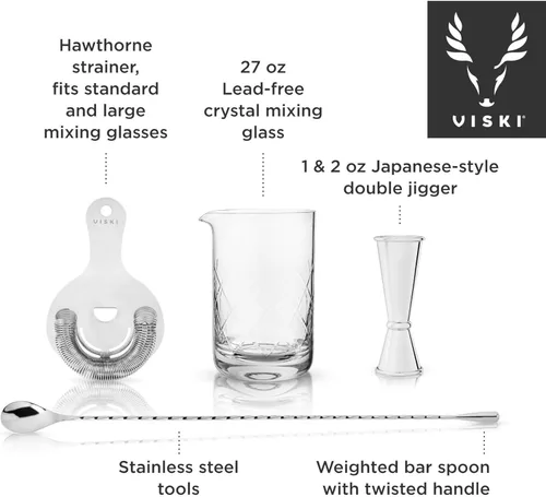 Miniatura 3 de Viski Kit de barman mixology de acero inoxidable, incluye vaso mezclador, colador Hawthorne, doble jigger y cuchara para bebidas revueltas y plateado