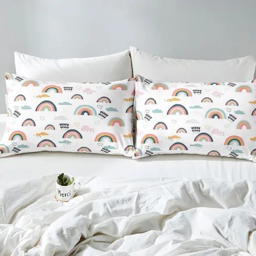 Miniatura 8 de Erosebridal Juego de ropa de cama arcoíris para niñas, sábana de amor en forma de corazón rosa, sábana ajustada con nubes de dibujos animados