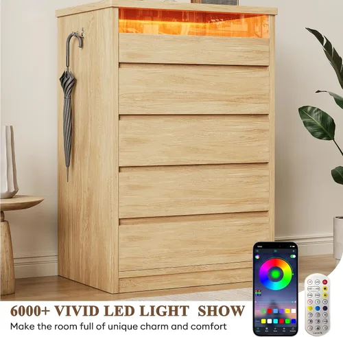 Miniatura 6 de Jocoevol Cómoda de 5 cajones para dormitorio con luz LED, cómoda moderna con asas ocultas, armario alto de madera para sala de estar, entrada