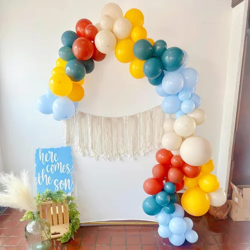 Miniatura 6 de Here Comes the Son - Kit de arco de globos, guirnalda de globos retro azul amarillo bohemio con mostaza, amarillo, pastel, azul, arena, blanco