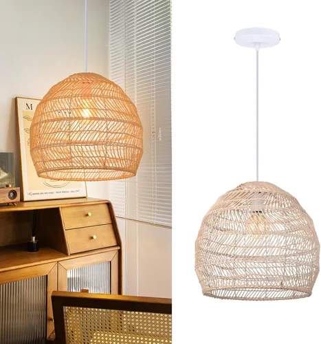 Arturesthome Lámpara colgante de techo tejida rústica de 15.7 pulgadas, candelabros de ratán, luz colgante para casa de campo, cocina, isla y comedor