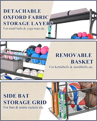Miniatura 3 de Mythinglogic Organizador de garaje para equipos deportivos, almacenamiento de bolas de garaje para equipo deportivo y juguetes, carrito de bolas