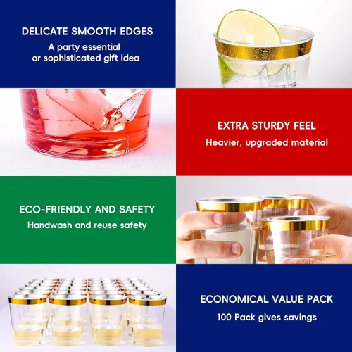 Miniatura 4 de JOLLY CHEF Paquete de 100 vasos de plástico dorado de 10 onzas, vasos de plástico transparente elegantes con borde dorado desechables, perfectos